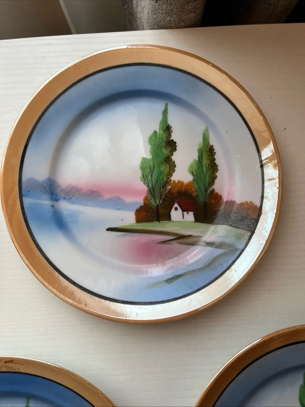 5 Trico Nagoya Japan Lusterware Plates Hand Paint Sunset Cottage Landscape 1930s